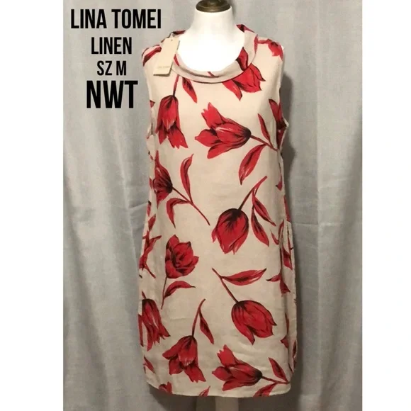 Lina Tomei Dresses | Nwt Lina Tomei Linen Dress-Sz M-Beige And Red Floral Print-Wider Folded Collar | Color: Cream/Red | Size: M | Mvolpend's Closet